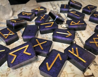 Purple & Gold Rune Stones || Set of 25 Rune Tiles || Colorshifting Elder Futhark Runes || Norse Runes