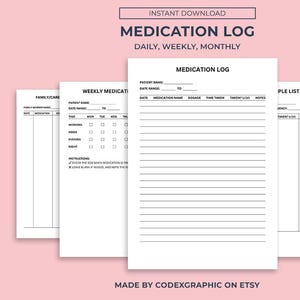 Daily Medication Log Printable: Medical Tracker (A4, A5, A3, US Letter) (Digital Download)
