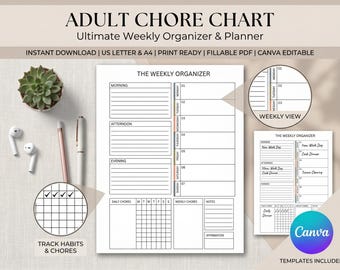 Adult Weekly Chores Organizer, Minimalist Habit Tracker (Fillable PDF)