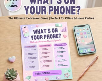 What’s On Your Phone Game, Printable Trivia Icebreaker Sheet for Office Party Games, Canva