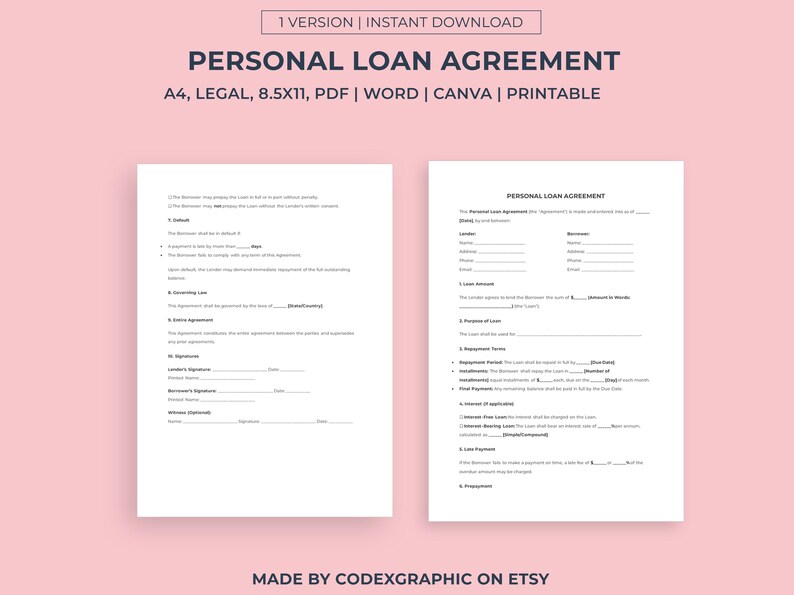 Personal Loan Agreement Family Editable Template | Contract - Etsy