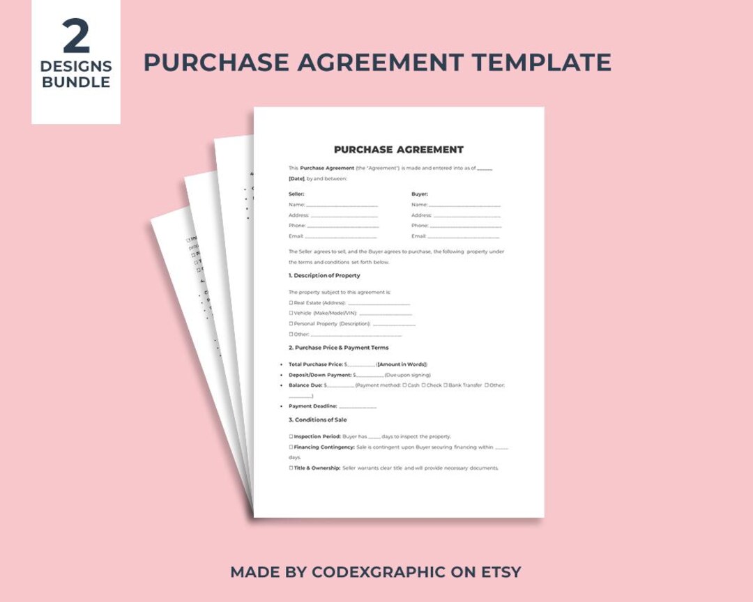 Printable Purchase Agreement Template: Editable Legal Form (PDF & MS ...