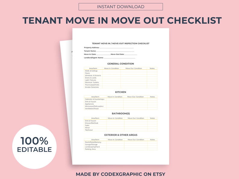 Tenant Check In Form Tenant Move In/out Inspection Checklist: Landlord Walkthrough (digital ...