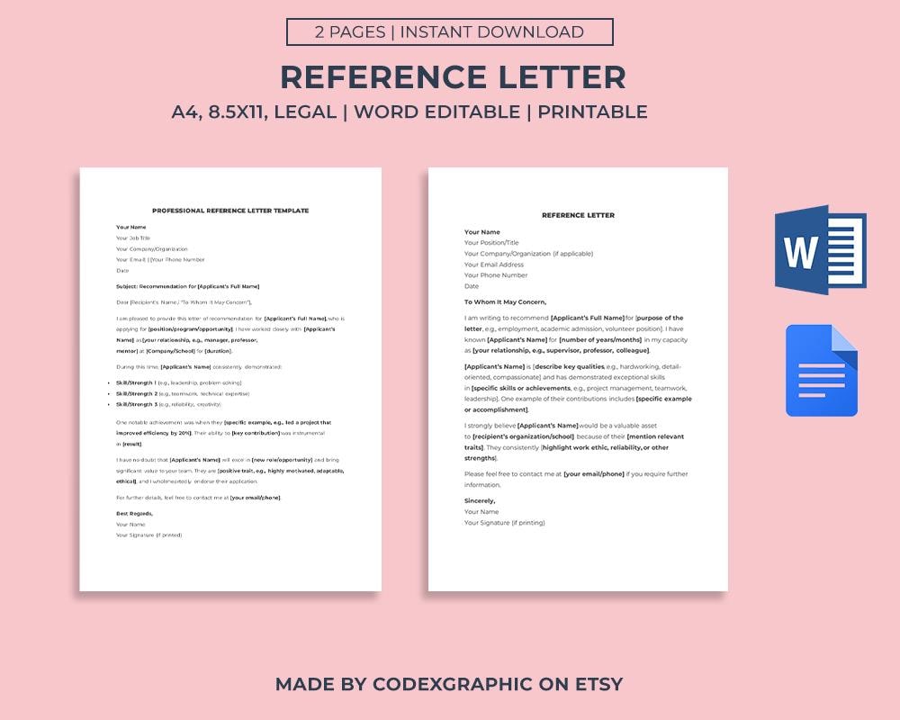 Personal Reference Letter Template: Editable Google Docs & Word - Etsy
