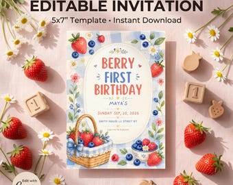 Berry First Birthday Invitation Template | Strawberry Party Template (Digital Download)