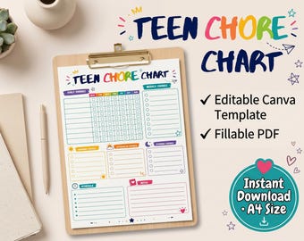 Teen Chore Chart Canva Editable Template | Fillable PDF Tracker (Instant Download)