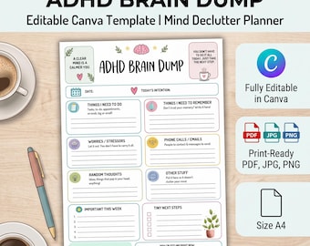 ADHD Brain Dump Planner | Editable Canva Template, Mind Declutter (A4 PDF)