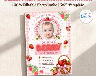 Berry First Birthday Invitation with Photo, Editable Strawberry 1st Birthday Invite (Canva Template)