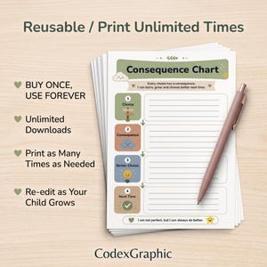 Stack of printed A4 behavior accountability sheets on a wooden table highlighting unlimited reusable prints.