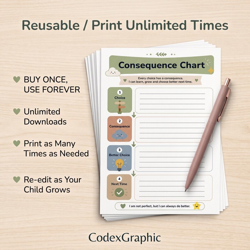 Stack of printed A4 behavior accountability sheets on a wooden table highlighting unlimited reusable prints.