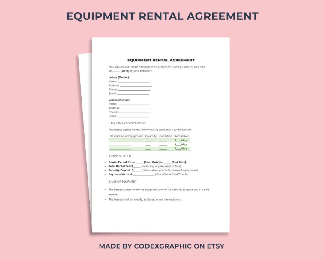 Item Rental Form Equipment Rental Agreement Templates. Equipment Rental Contract Form ...