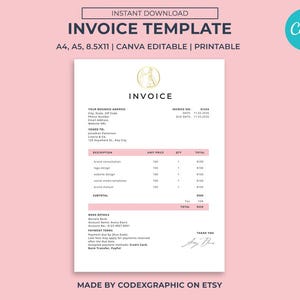 May include: A printable invoice template with a minimalist design. The document features a white background with pink accents and a gold logo. Text includes "Invoice Template," "Invoice," and itemized descriptions. The Canva logo is visible in the upper right corner.