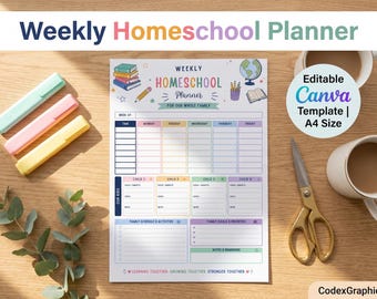 Editable Weekly Homeschool Planner, A4 Canva Template with Printable Lesson Schedule