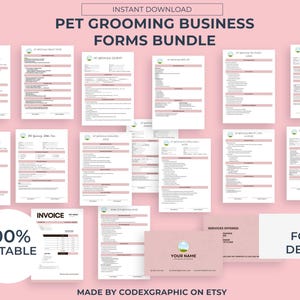 Paquete de formularios de exención de responsabilidad para peluquería canina: boleta de calificaciones editable e imprimible para negocios de mascotas, servicios de peluquería canina y contrato de acuerdo. Plantilla de Canva.