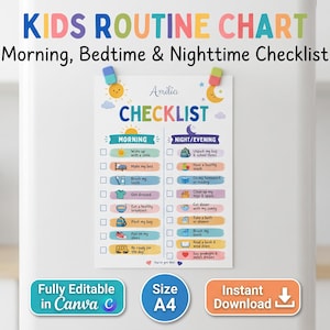 Kids chore chart template and morning bedtime routine checklist mockup on a refrigerator. This colorful visual responsibility chart for toddlers and kids is size A4, fully editable in Canva, and available as an instant digital download printable PDF to track daily habit schedules.