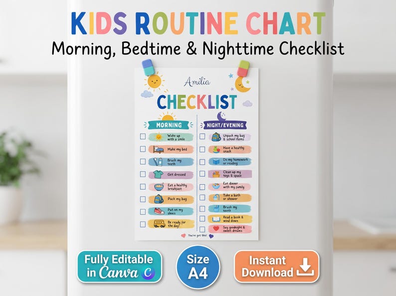 Kids chore chart template and morning bedtime routine checklist mockup on a refrigerator. This colorful visual responsibility chart for toddlers and kids is size A4, fully editable in Canva, and available as an instant digital download printable PDF to track daily habit schedules.