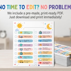 Kids chore chart template and morning bedtime routine checklist mockup on a refrigerator. This colorful visual responsibility chart for toddlers and kids is size A4, fully editable in Canva, and available as an instant digital download printable PDF to track daily habit schedules.