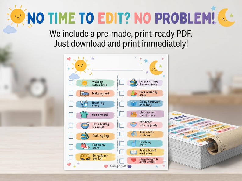 Kids chore chart template and morning bedtime routine checklist mockup on a refrigerator. This colorful visual responsibility chart for toddlers and kids is size A4, fully editable in Canva, and available as an instant digital download printable PDF to track daily habit schedules.