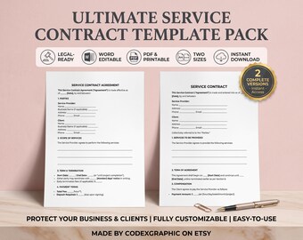 Service Contract Template: Editable in MS Word, Canva, PDF (Instant Download)