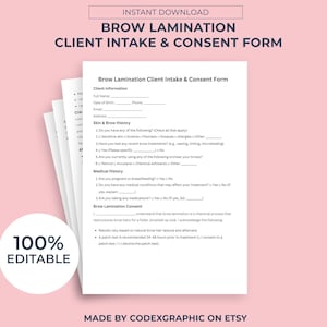 May include: A stack of white printable forms for brow lamination, with the title "Brow Lamination Client Intake & Consent Form." The forms are on a pink background. The words "Instant Download" and "100% Editable" are also visible.
