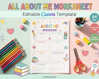 All About Me Worksheet Printable | Editable Canva Template, Back to School Activity (Digital Download)