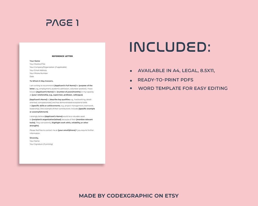 Personal Reference Letter Template: Editable Google Docs & Word - Etsy