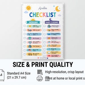Kids chore chart template and morning bedtime routine checklist mockup on a refrigerator. This colorful visual responsibility chart for toddlers and kids is size A4, fully editable in Canva, and available as an instant digital download printable PDF to track daily habit schedules.