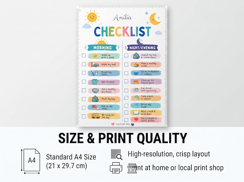 Kids chore chart template and morning bedtime routine checklist mockup on a refrigerator. This colorful visual responsibility chart for toddlers and kids is size A4, fully editable in Canva, and available as an instant digital download printable PDF to track daily habit schedules.