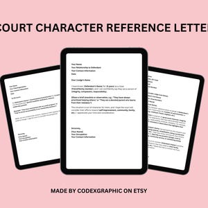 Puede incluir: Una plantilla de carta de referencia de carácter para el tribunal imprimible. La plantilla incluye campos para tu nombre, tu relación con el acusado y tu información de contacto. La carta es un diseño en blanco y negro sobre un fondo rosa.