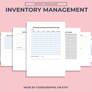 May include: A printable inventory management system with five different worksheets: Simple Inventory, Master Inventory, Compact Inventory & Movement Log, OCK Check, and a blank worksheet. The worksheets are designed to help organize and track inventory.