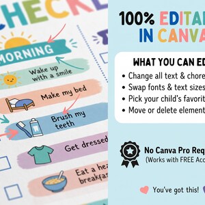 Kids chore chart template and morning bedtime routine checklist mockup on a refrigerator. This colorful visual responsibility chart for toddlers and kids is size A4, fully editable in Canva, and available as an instant digital download printable PDF to track daily habit schedules.