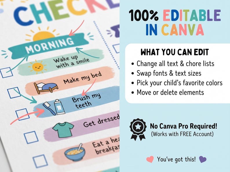 Kids chore chart template and morning bedtime routine checklist mockup on a refrigerator. This colorful visual responsibility chart for toddlers and kids is size A4, fully editable in Canva, and available as an instant digital download printable PDF to track daily habit schedules.