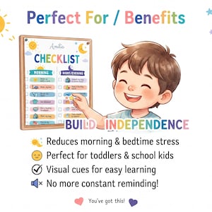 Kids chore chart template and morning bedtime routine checklist mockup on a refrigerator. This colorful visual responsibility chart for toddlers and kids is size A4, fully editable in Canva, and available as an instant digital download printable PDF to track daily habit schedules.
