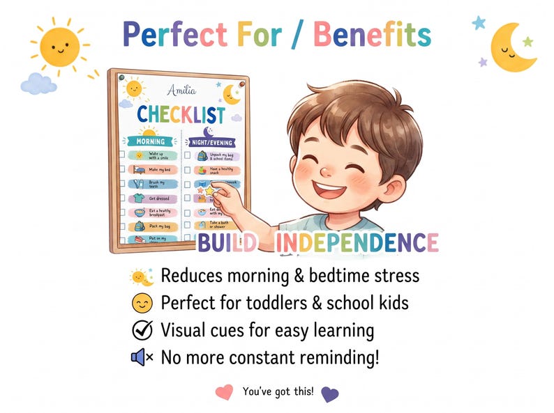 Kids chore chart template and morning bedtime routine checklist mockup on a refrigerator. This colorful visual responsibility chart for toddlers and kids is size A4, fully editable in Canva, and available as an instant digital download printable PDF to track daily habit schedules.