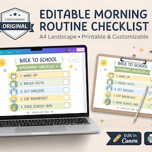 May include: A laptop displaying an editable A4 landscape morning routine checklist with the text BACK TO SCHOOL and five tasks including wake up, brush teeth, get dressed, eat breakfast, and pack school bag, alongside a clipboard with the same checklist.