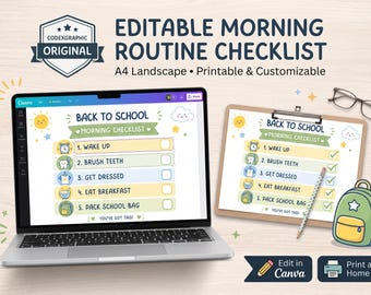 Editable Back to School Morning Routine Checklist, Kids Daily Chore Chart (A4 Landscape)