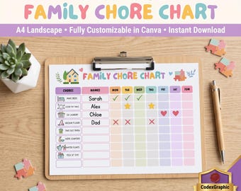 Family Chore Chart Canva Template | Kids Weekly Routine Tracker (Digital Download)