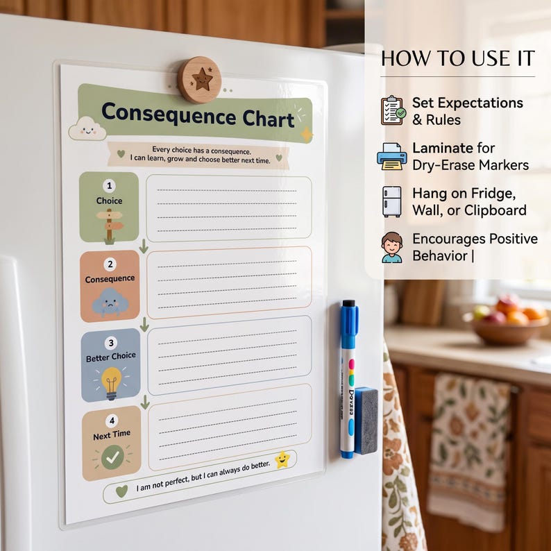 Close-up detail of the customizable daily routine, rules, consequences, and rewards sections on the printable chart.