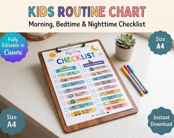 Kids Routine Chart, Morning Bedtime Checklist, Editable Canva Template (Digital Download)