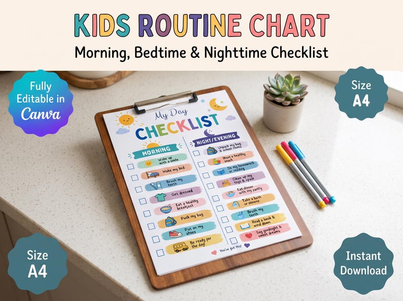 Kids chore chart template and morning bedtime routine checklist mockup on a refrigerator. This colorful visual responsibility chart for toddlers and kids is size A4, fully editable in Canva, and available as an instant digital download printable PDF to track daily habit schedules.