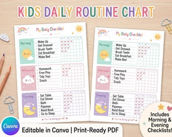 Kids Daily Routine Chart | Editable Canva Morning Evening Checklist (Digital Download)