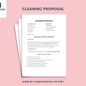 May include: A black and white cleaning proposal template with the title "Cleaning Proposal" and the text "Cleaning Services Proposal".