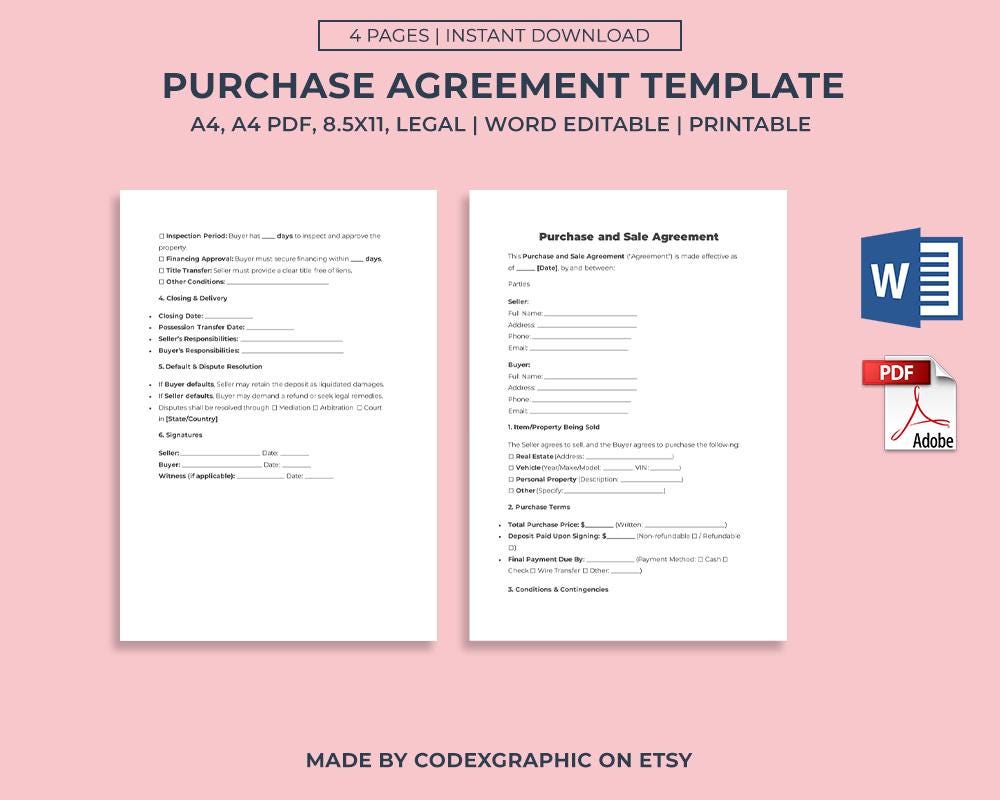 Printable Purchase Agreement Template: Editable Legal Form (PDF & MS ...