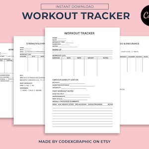 Op de afbeelding: Afdrukbare workout tracker met drie pagina's: Kracht & Hypertrophie, Cardio/Flexibiliteit Add-on en Dio & Uithoudingsvermogen. Elke pagina heeft een tabel om workouts te loggen, inclusief datum, workout type, duur, notities, oefening, sets, reps, gewicht en notities.