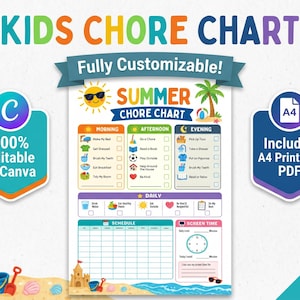 Puede incluir: Una tabla de tareas veraniega y colorida para niños con secciones para tareas de mañana, tarde y noche, hábitos diarios, un horario semanal y un rastreador de tiempo de pantalla, decorada con un sol y una palmera.