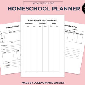 以下が含まれることがあります： 毎日、毎週、読書ログのスケジュールが記載された、印刷可能なホームスクールプランナー。プランナーは白黒でシンプルなデザインです。