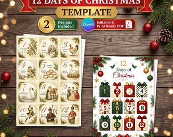 12 Days of Christmas Canva Editable Template, Decoupage Rice Paper Printable (Digital Download)