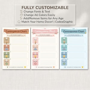 Three different pastel color options of the editable consequence chart demonstrating full customizable features in Canva.