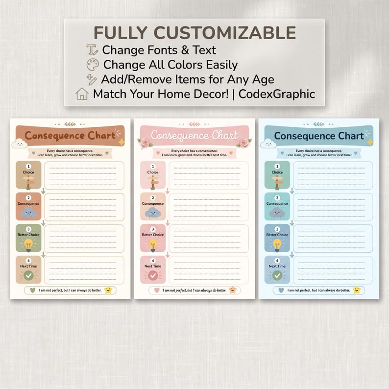 Three different pastel color options of the editable consequence chart demonstrating full customizable features in Canva.