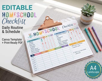 Editable Homeschool Checklist | Printable Daily Routine Schedule Planner (Canva Template, PDF)